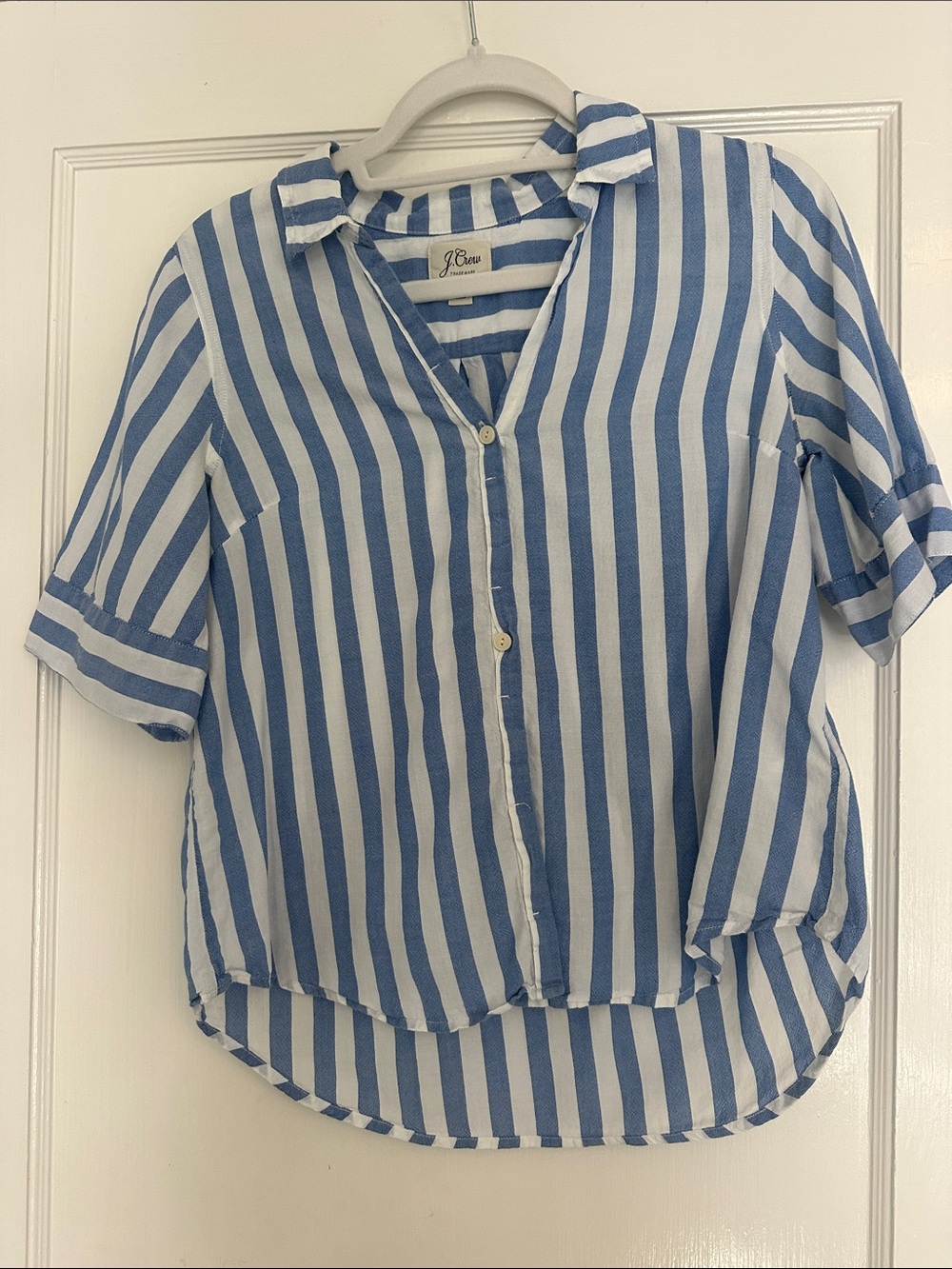 J. Crew White and Blue Vertical Stripe Button-Up Blouse